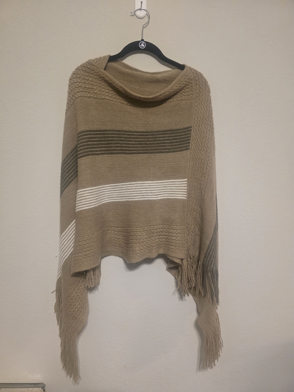 Fringed Taupe Knit Poncho with Stripe Detail